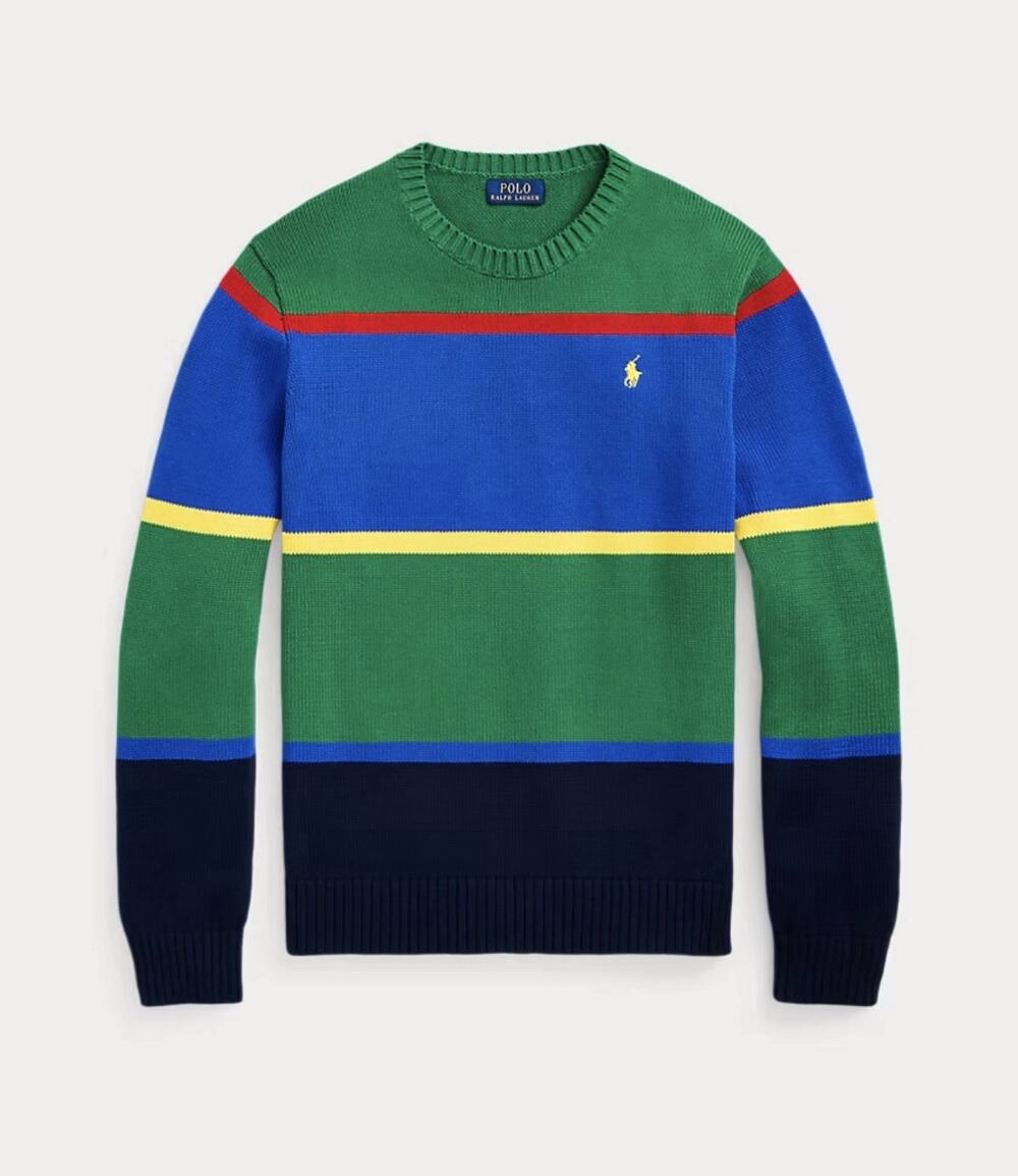 Polo Ralph Lauren Green Blue Striped Cotton Sweater Colorful Preppy XL Mens